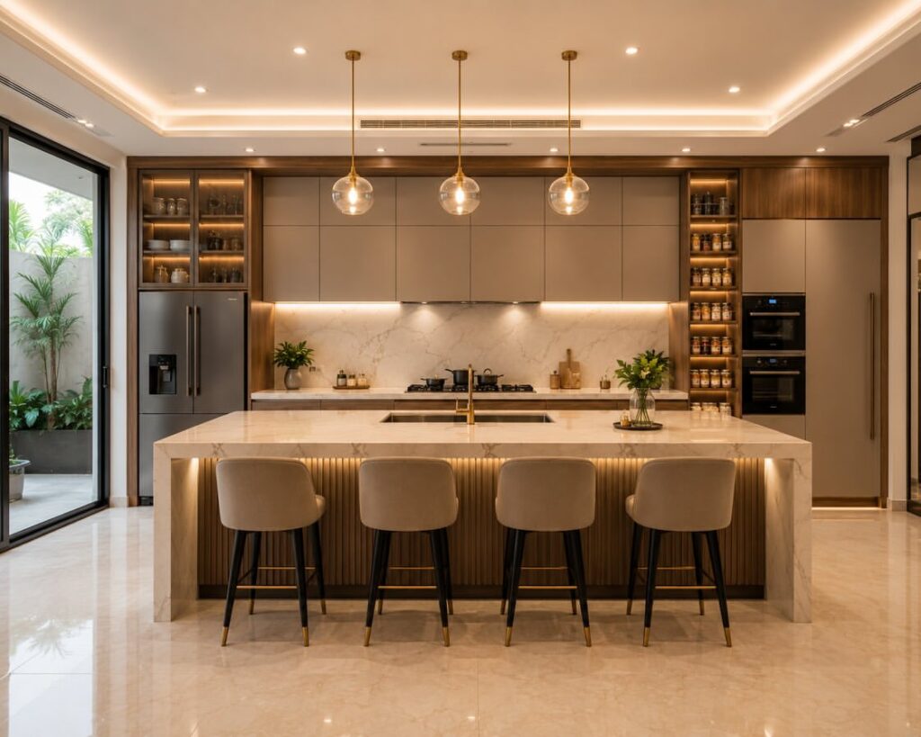 Warm Sophistication: Marble Surfaces and Fluted Wood