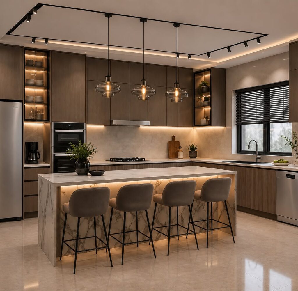 Contemporary Warmth: Calacatta Marble & Track Lighting