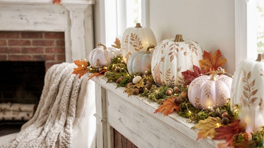 ​1. Whimsical Painted Pumpkin Patch Mantel: This idea replaces traditional carving with beautifully painted pumpkins featuring intricate, storybook-style leaf patterns and tiny gold fairy details. Styled with natural moss, miniature acorns, and warm fairy lights, it creates a cozy and magical mantel display for autumn.